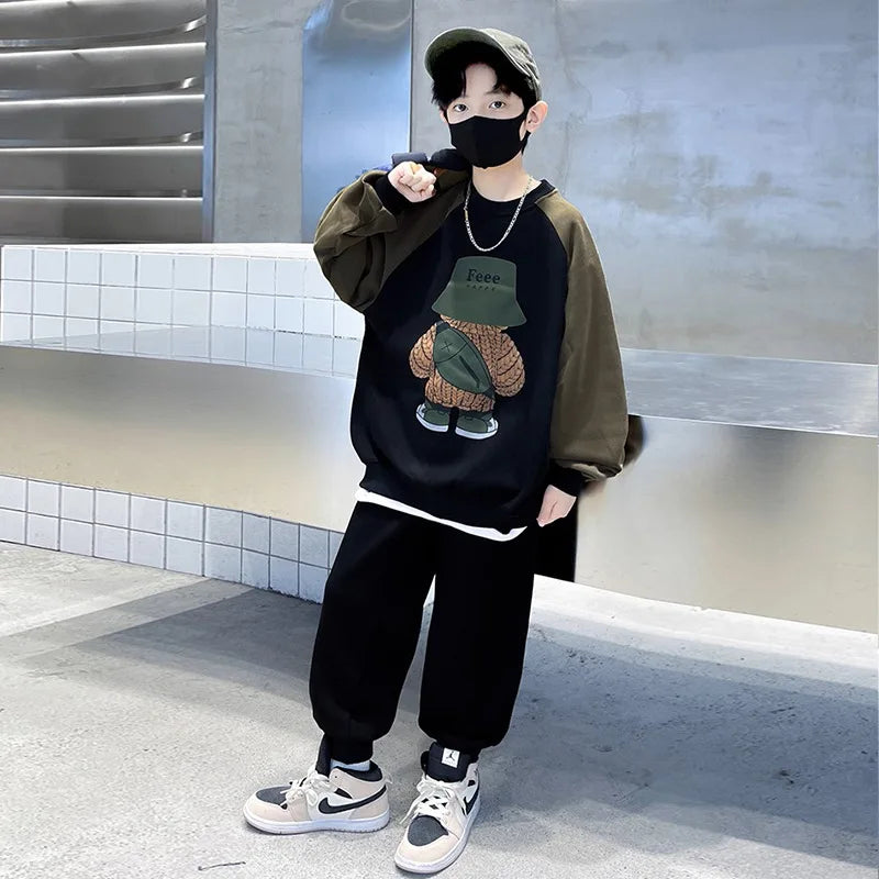 Spring Autumn Boys Patchwork Cartoon Sweatshirt+Sweatpant Workout Set School Kids 2PCS Tracksuit Children Jogging Outfit 5-16 Yr