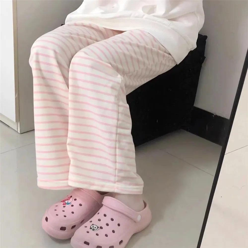 Cute Y2K Striped Pants Women Kawaii Sweet Harajuku Fleece Sports Korean Fashion