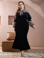 Women Plus Size Maxi Dresses Black Ladies Stand Collar Fishtail Dress