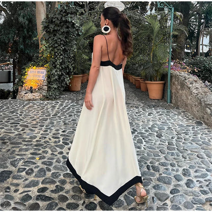 Summer 2024 Women Party long Dress Beach Slip Loose V-neck Sleveless Maxi Dresses Female Holiday Casual Patchwork Lady Robe