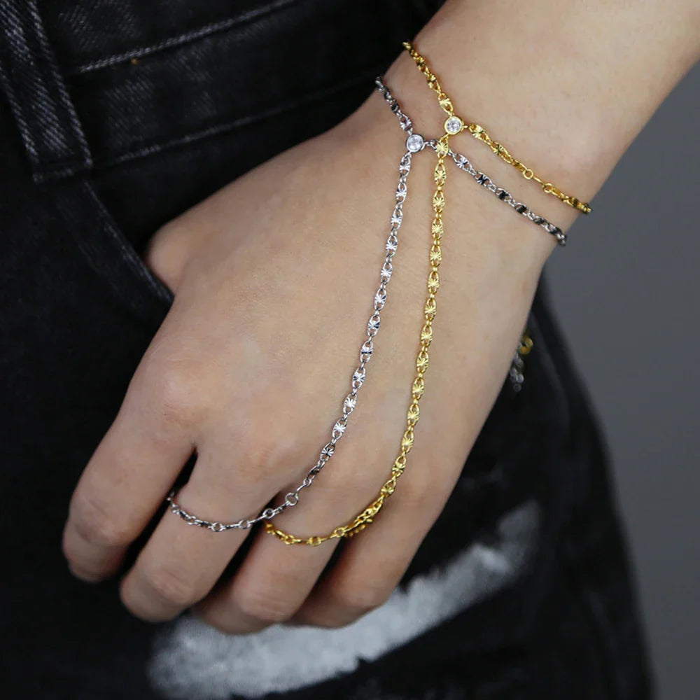 2025 New Geometric Marquise Cubic Zirconia CZ Paved Double Wrist Hand Chain Bracelet Simple Fashion Women Finger Slave Jewelry