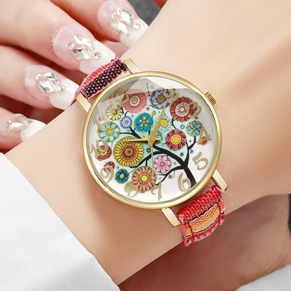 1/2/3/5PCS Fashion Women Watches Vintage Flowers Printed PU Strap Quartz Watch for Women Clock Gift Reloj Mujer（Without Box）