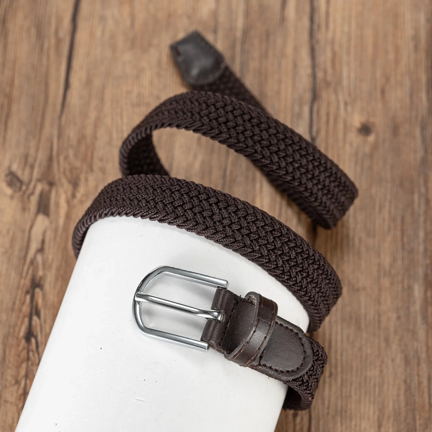 Woven elastic holeless needle buckle belt fashion belt