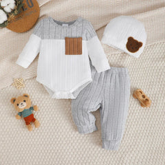 3PCS Newborn Baby Boy Clothes Set Long Sleeved Color Blocked Bodysuit+Gray Pants+Hat Autumn Clothing for Toddlers 1-18 Months