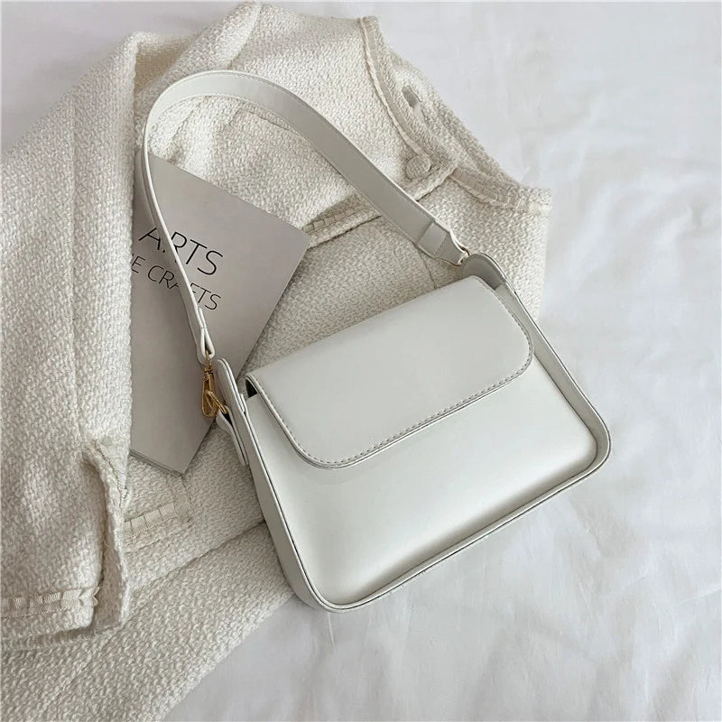 Chic Simple Small Flap Shoulder Bags For Women Solid Color Pu Leather Handbag