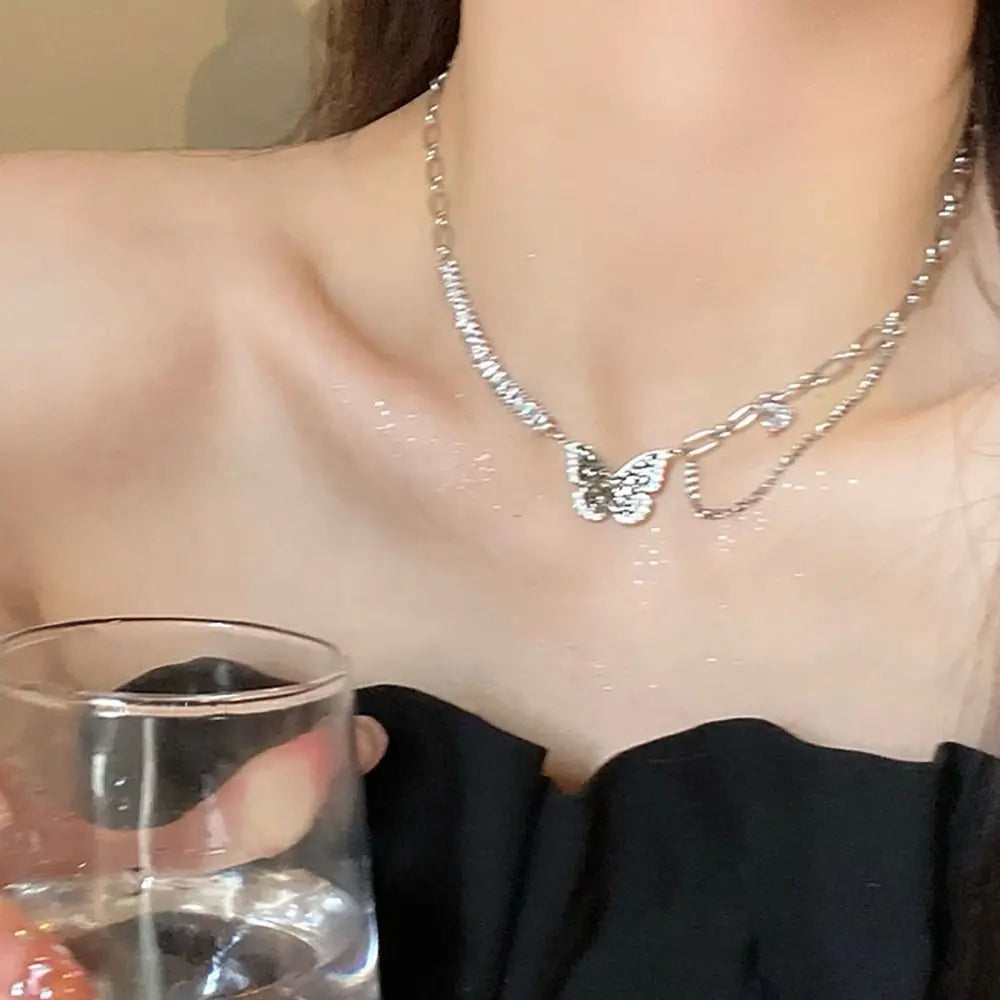Korean Trend Love Butterfly Clavicle Chain For Women Shiny Multilayered Heart Necklace Collarbone Chain Valentine's Day Gifts