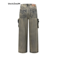 Wasteland Style Multi Pocket Denim Workwear Pants Men's Loose Straight Leg Pants