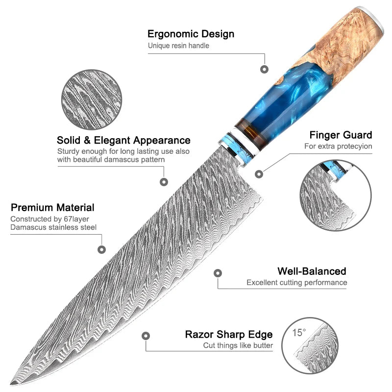 8 inch 67 layer Japanese Damascus steel chef knife hand forged anti-stick