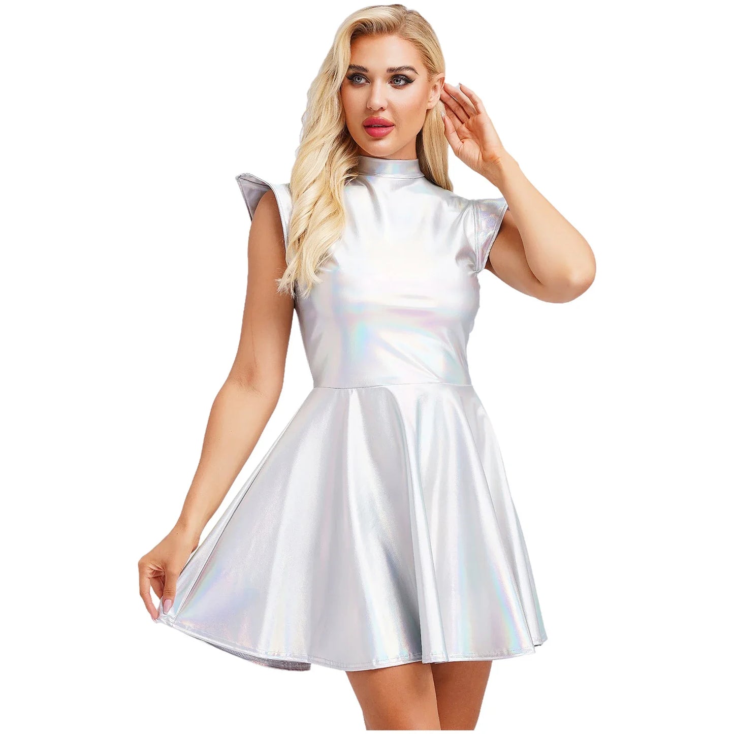 Womens Cocktail Dress Shiny Metallic Dress Alien Space Cap Sleeve High Waist A-line Dress for Halloween Party High Street Dress