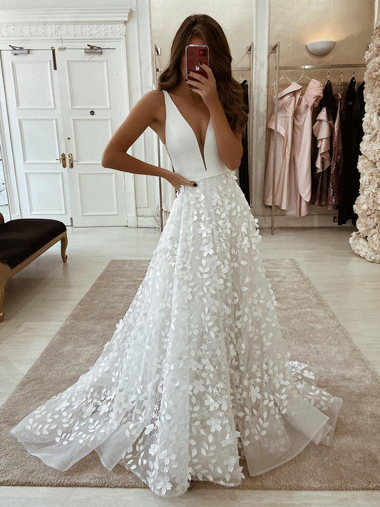 Wedding Dresses 3D Flowers Lace Bridal Gowns Elegant Bridal Wear
