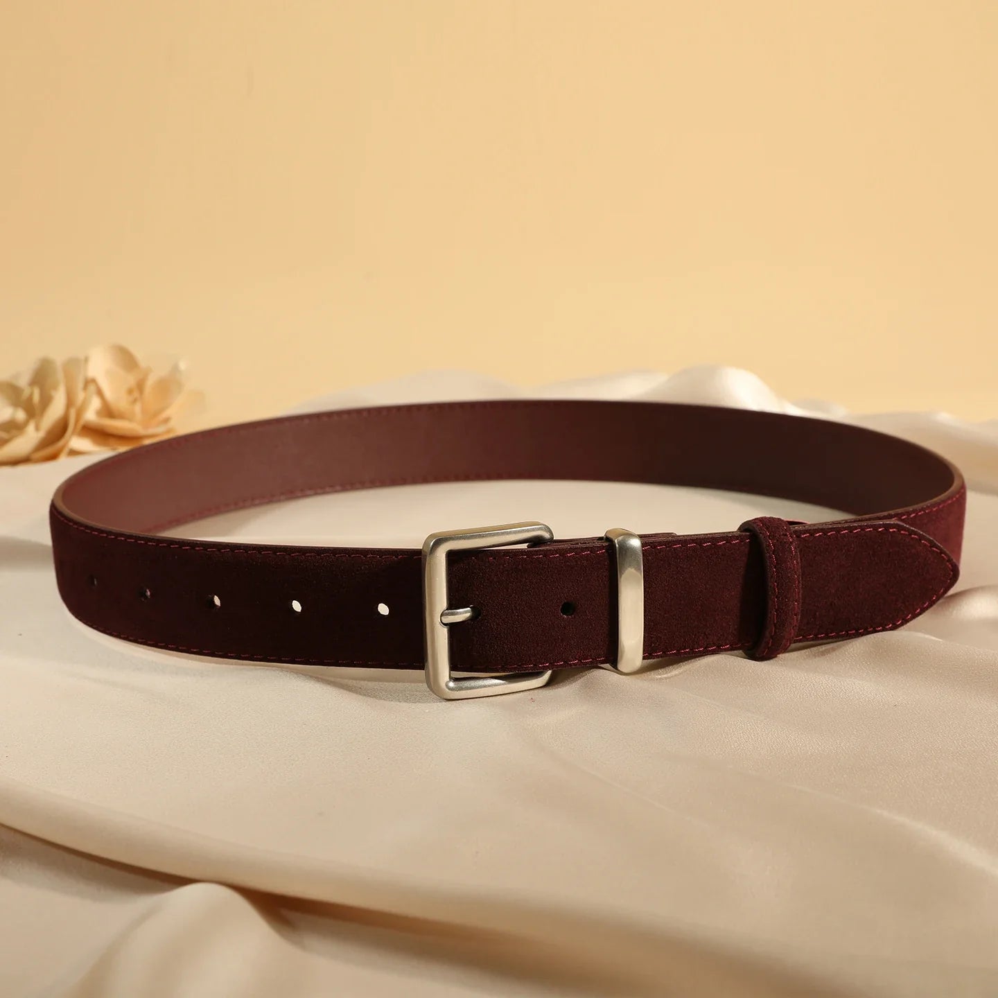 Luxury Suede Cowhide Leather Belt for Women, Vintage Style with Gold Buckle, 3.3cm Wide Waistband for Dresses & Jeans