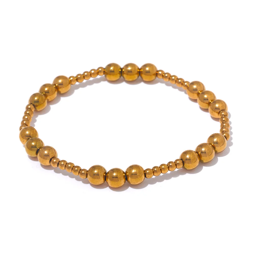 Yhpup 3/4/5/6 MM Stainless Steel Beads Daily Handmade Elastic Bracelet Bangle Waterproof Wrist Wholesale Gold Color Jewelry Men