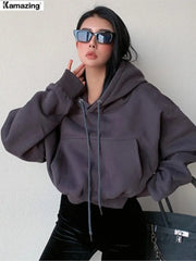 Winter Women Solid Fleece Hoodies Clothing Long Sleeve Tops Loose Pocket Hooded