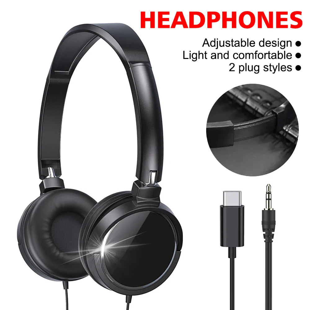3.5mm/Type-C Wired Headphones Foldable Adjustable Headset Bass Stereo Earphones For Pc Mp3 Mobile Headphones With Noise Cancel