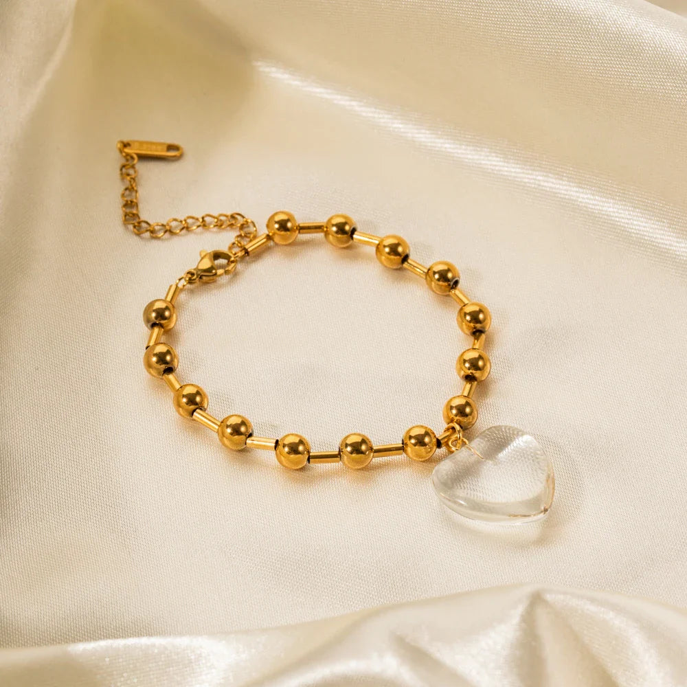 Youthway Delicate Clear Glass Heart Stainless Steel Necklace Bracelet Set Waterproof Golden Trendy Jewelry Boucle Oreille Femme