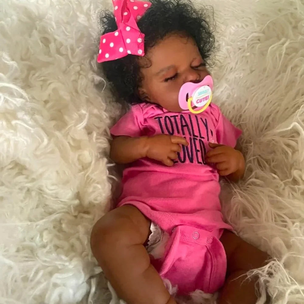 50 CM Finished Reborn Baby Doll LouLou Sleeping African American Girl Newborn Dark Skin Soft Hand-Rooted Hair Christmas Gift Toy