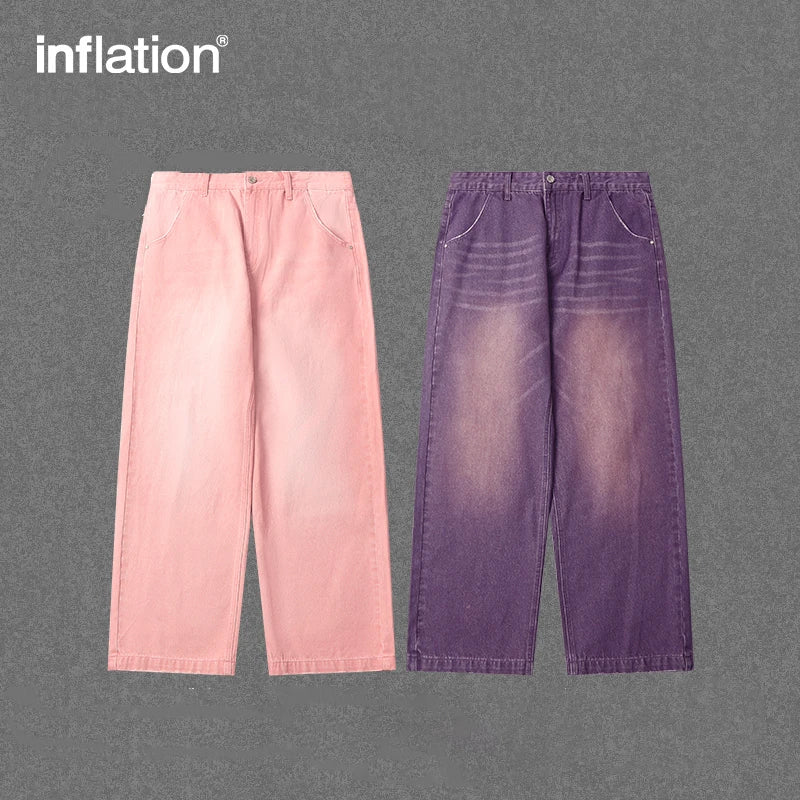 Pink Wide Leg Jeans Unisex High Street Washed Denim Pants Mens
