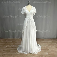 Boho V-Neck Wedding Dresses Chiffon A Line Short Sleeves Backless Floor Length