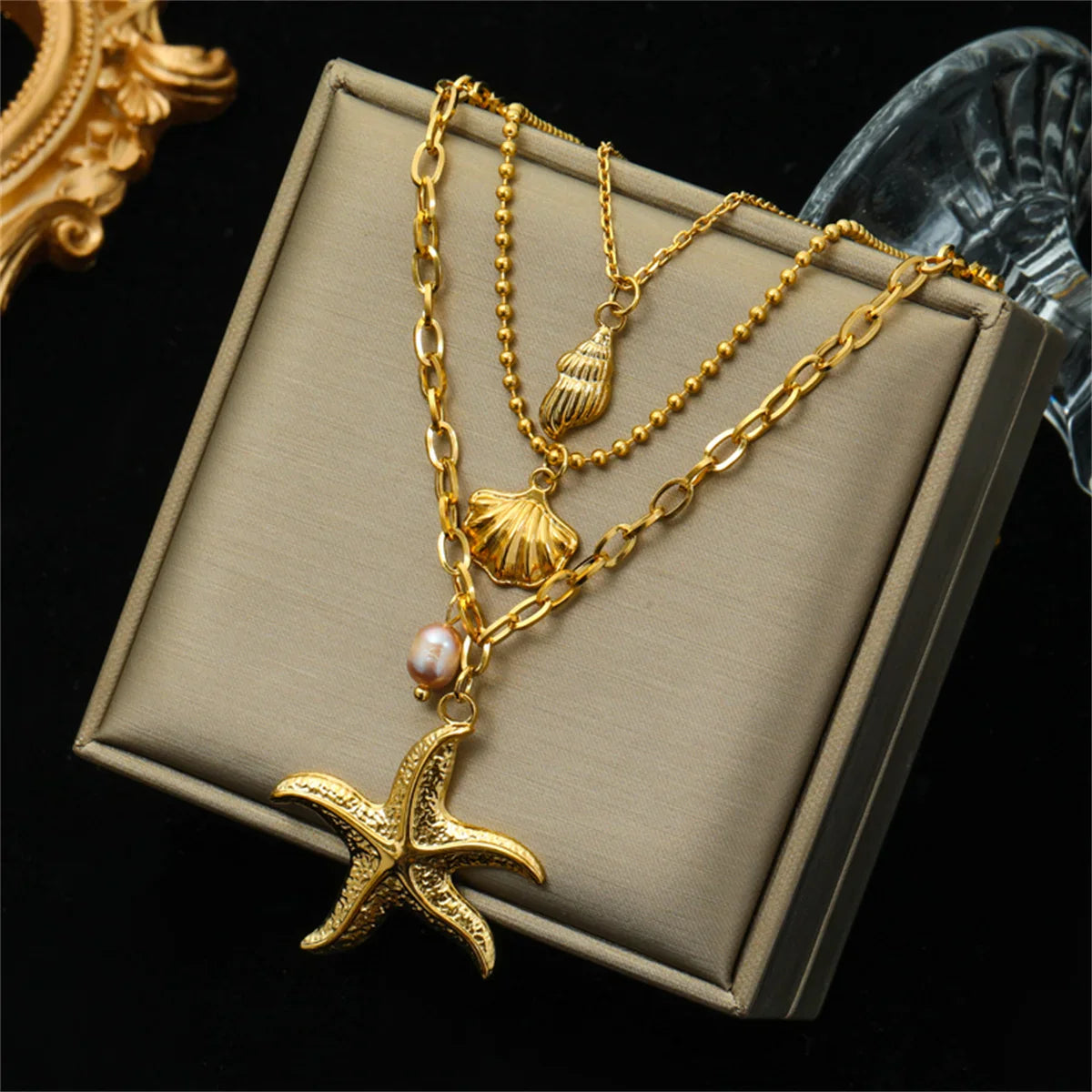 Women's 316L Stainless Steel Starfish Conch Shell Pearl Pendant Necklace 3-in-1 Choker Chain Jewelry Gift