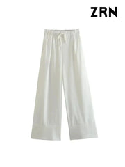 Women Fashion Side Pockets Linen Wide Leg Pants