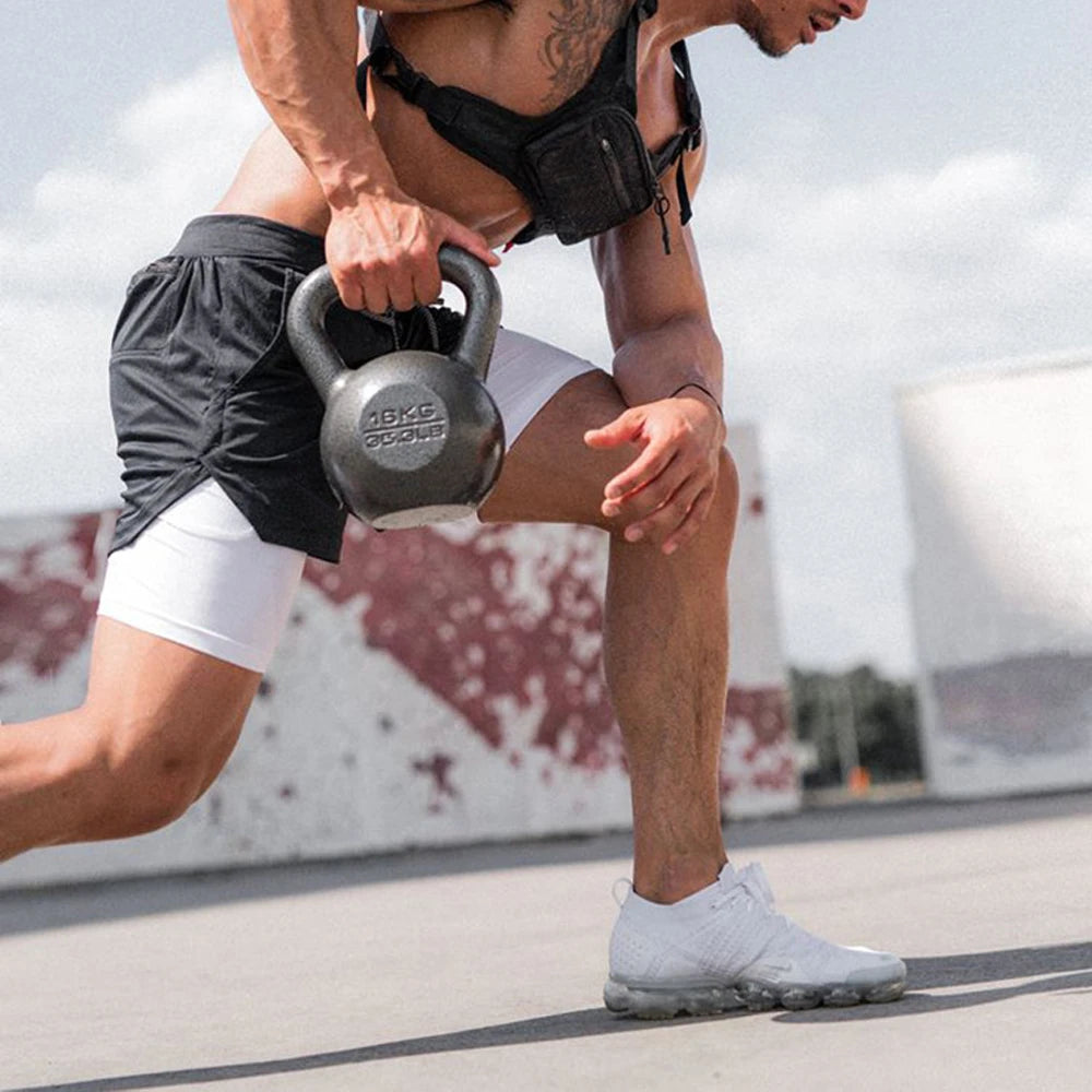 Men's Double Layer Fitness Shorts Drawstring Mesh Lining Elastic Waist Breathable Quick Dry to Beach Pool Summer Male