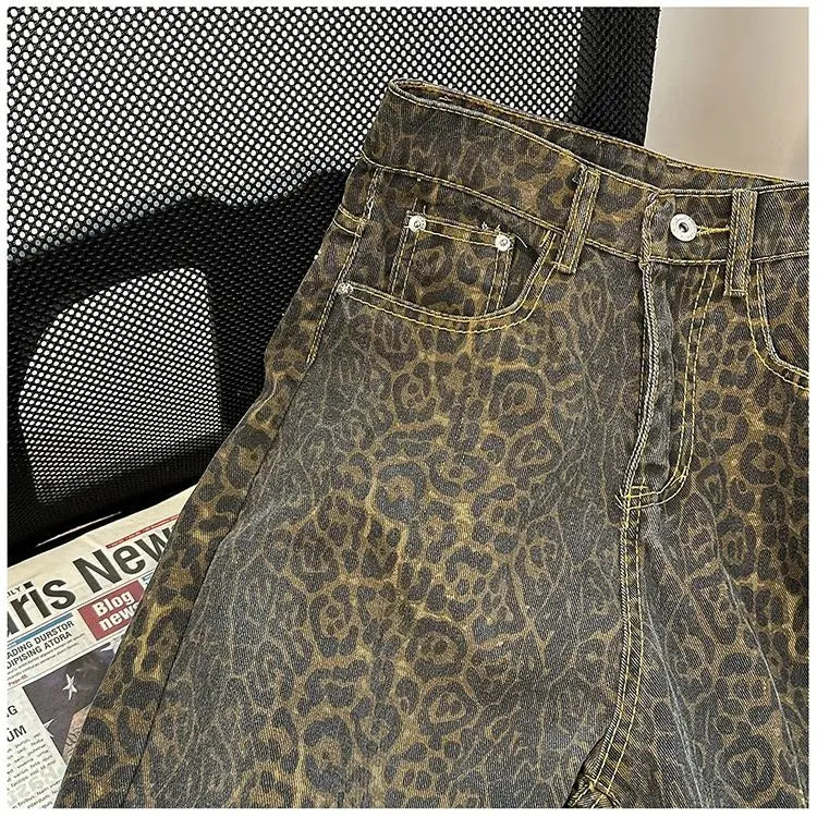 Retro Spring Trendy Leopard Print Jeans Women's American High Street Trousers