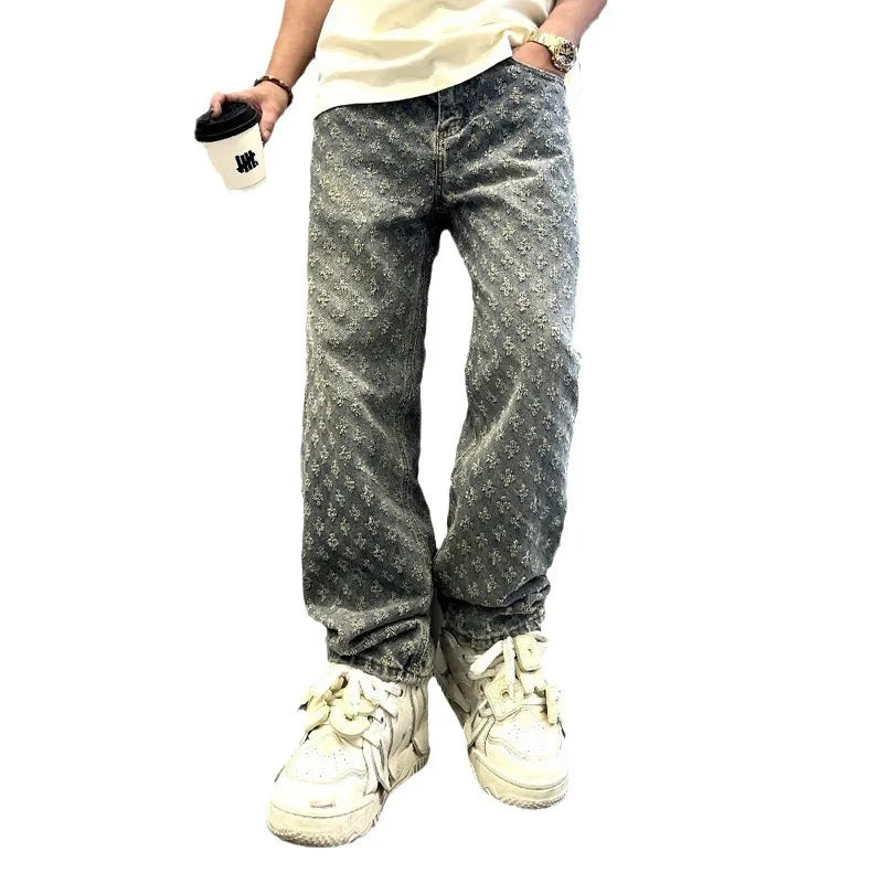 Denim Pants Male Straight Fitting Baggy Bottoms Distressed Wide Jeans For Men