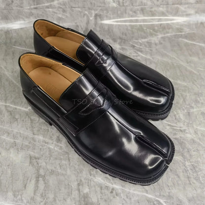 Split Toe Black Genuine Leather Shoes Loafers for Men Sheepskin Comfortable Casual Business Formal Shoes Thick Sole Male Shoe