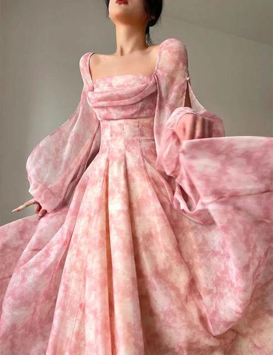 Formal attire Dresses: Pink Floral Elegant Woman Long Sleeve Chiffon Casual Midi Dress
