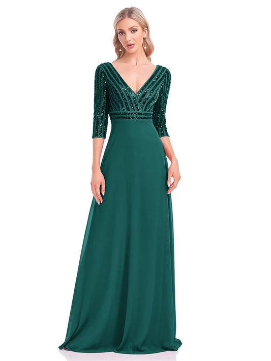 Homecoming Dresses: Long Sleeve Gown V Neck Pink Evening Dresses For Women