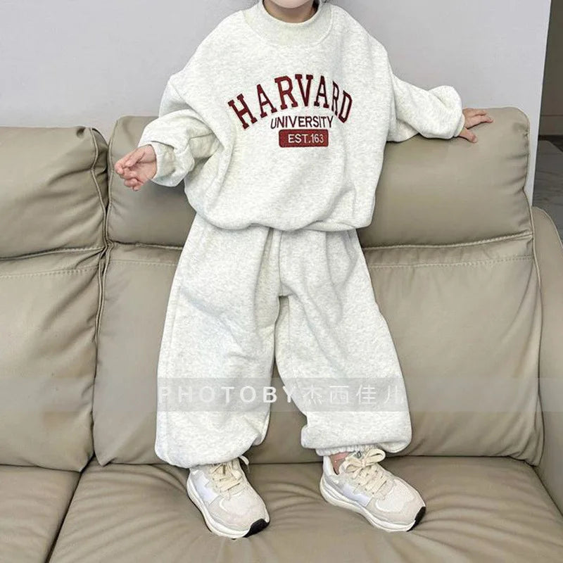 Children Clothing Fashion Simple Letter Printing Set 2024 Winter New Boys and Girls Loose Casual Thickened Hoodie Two Piece Set
