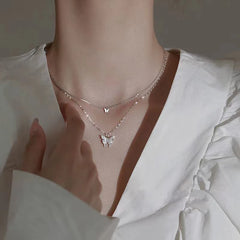 Shiny Butterfly Necklace Exquisite Double Layer Clavicle Chain Jewelry For Ladies Gift