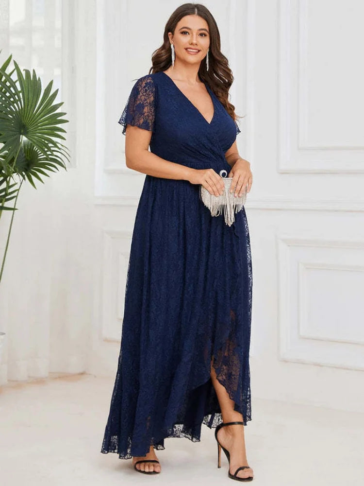 Plus Size Lace Party Dress Woman 2023 Summer V Neck Short Sleeve Ruffles Irregular Long Dress Wedding Guest Mother Dress