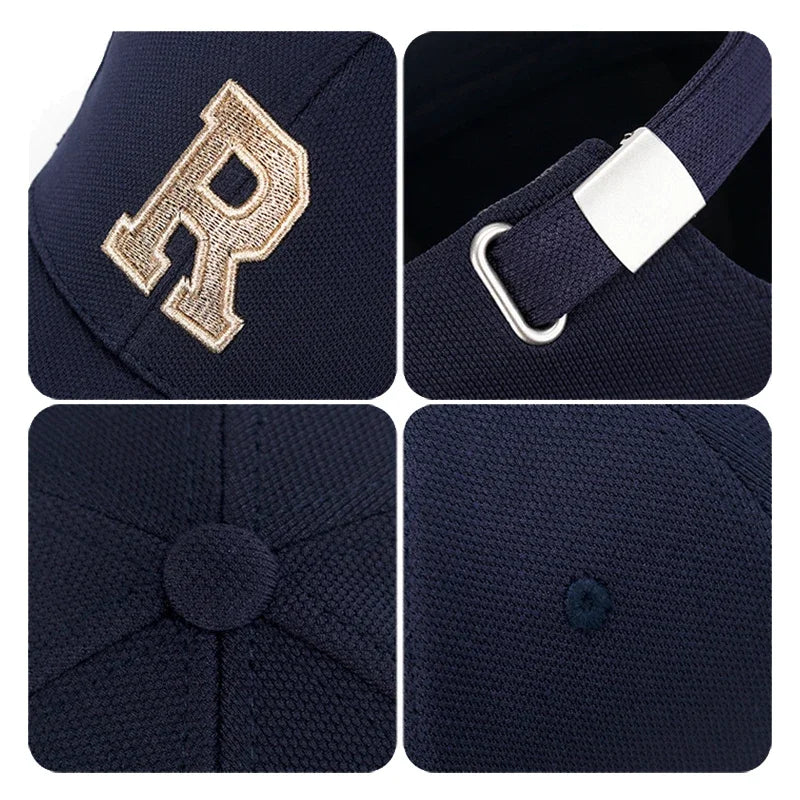 Brand New High Quality R Letter Gold Thread 3D Embroidery Adjustable Elastic Pineapple Cloth Baseball Cap Trucker Hats