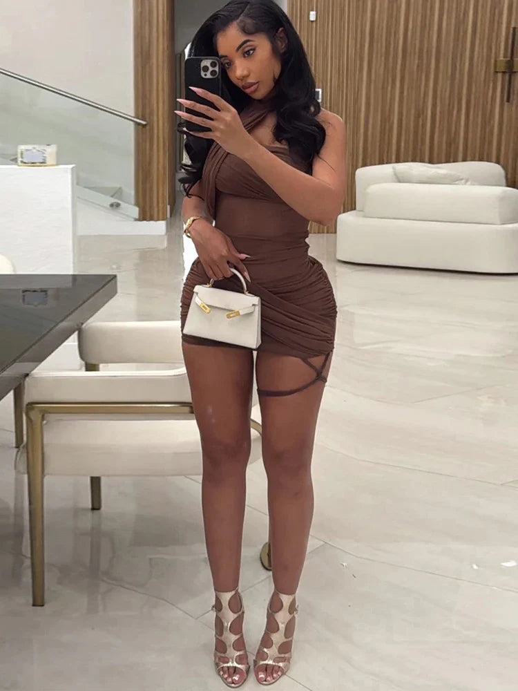 Nibber Backless Summer Trend See Through Sexy Dress Women Y2K Cross Bandage Halter Sleeveless Midnight Clubwear Mini Bodycon