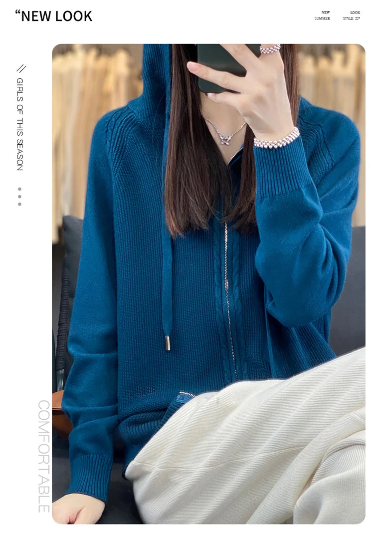 autumn and winter hooded cardigan women's knitted top loose sweater casual