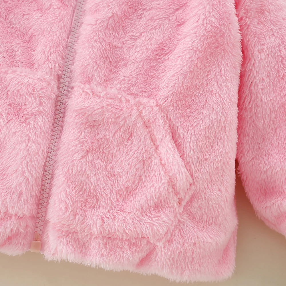 Autumn and Winter Girls' Plush Coat Foreign Trade Ear Hooded Solid Color Zipper Versatile European and American Jacket