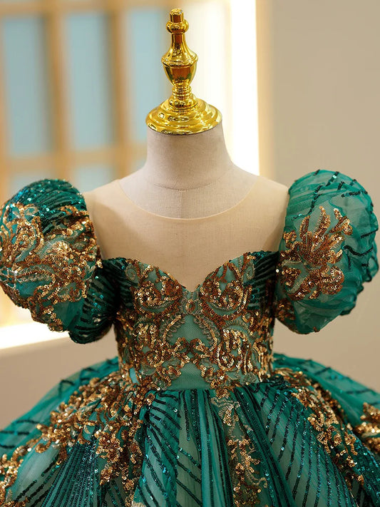 Kids Luxury Party Green Gold Dresses for Girls Size 3 To 14 Years