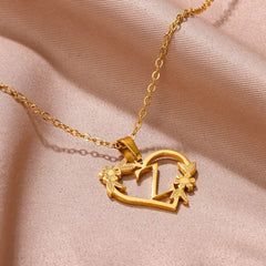 Gold Color Dainty Flower Initials Necklace Women Girl Stainless Steel Heart Letter