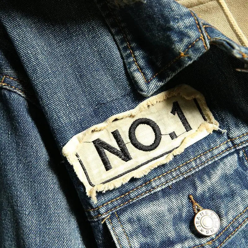 Men's Denim Jacket Patch Vintage Blue Male Jean Coats Ripped with Hole