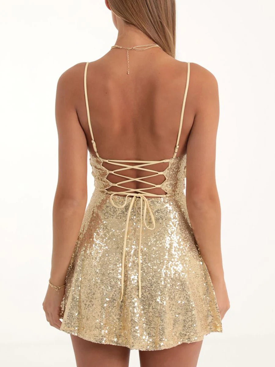 Evening Dresses: Women Sequins Sling Mini Dress Evening Party