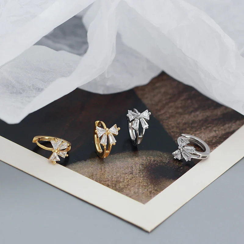 WANTME 925 Sterling Silver Sweet Korean Bow Huggies Hoop Earrings for Women Fashion Cute Teen Birthday Party Girl Jewelry Gift