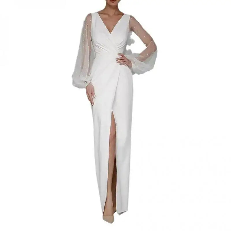 White Bridesmaid Dresses: Wedding Dresses With Illusion Long Sleeve Classic V-neck