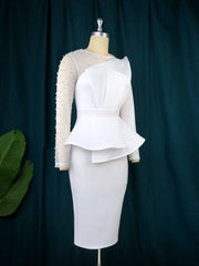 Women White Party Dress Long Sleeve Beading Mesh Patchwork