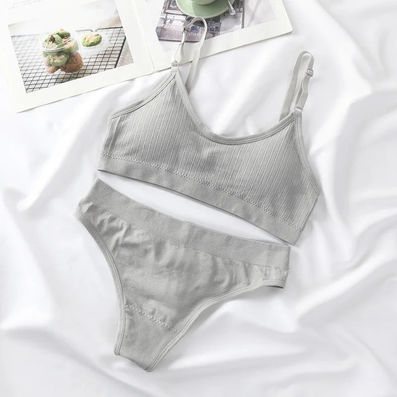 Women Seamless Bra Set Lingerie High Waist Cotton Thong Panties Wire Free