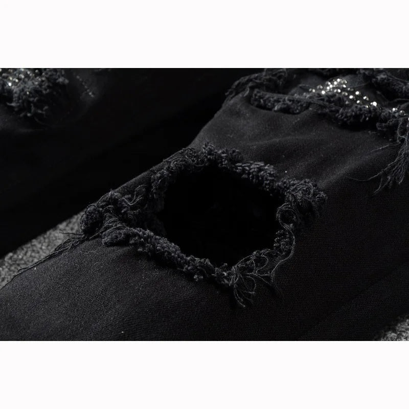 Black High Street Holes Transparent Crystals Patchwork Stretch Slim Fit Rhinestones