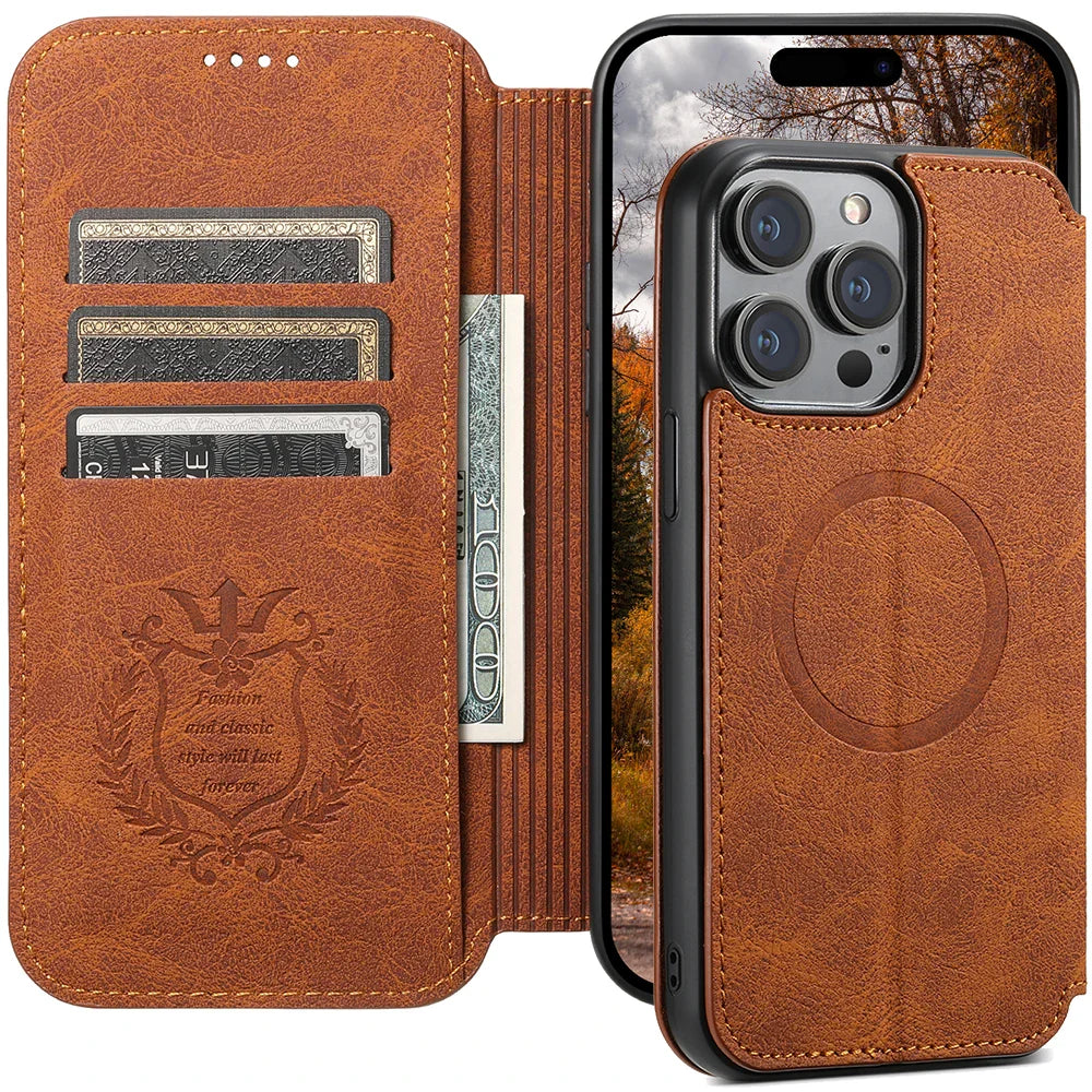Wireless Charging Leather Phone Case For iPhone 12 13 14 15 16 Plus 17 Pro Max Flip Cover Wallet Card Holder