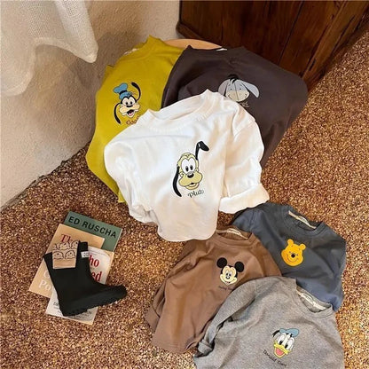 Disney T-shirt New Cartoon Print Long Sleeve Tops Mickey T Shirt Solid Color Versatile Base Shirt Boys And Girls Printed Tees