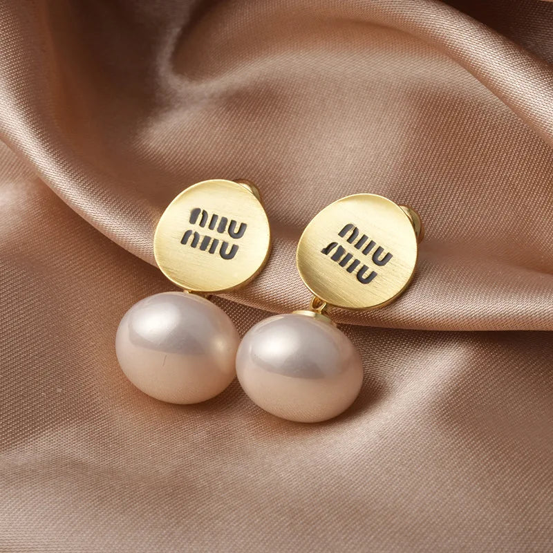 Luxury Brand 18K Gold Plated French Pearl Pendant Earrings, Trendy Women's Jewelry Accessories，Wedding Banquet Anniversary Gift