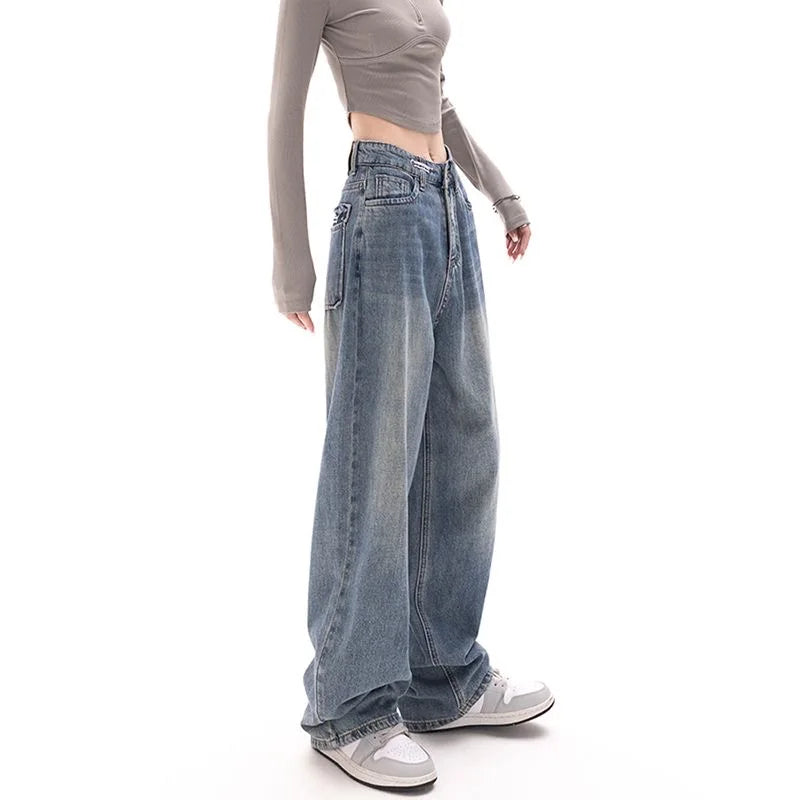 Retro Wide Leg High Waist Straight Streetwear Style Blue Jeans Pants